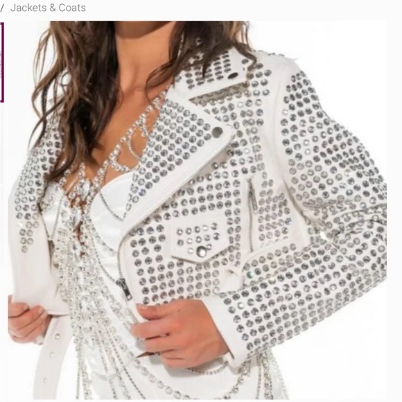 Azalea Wang Jackets & Blazers - White Studded Leather Biker Jacket - Women's Rhinestone Detail
